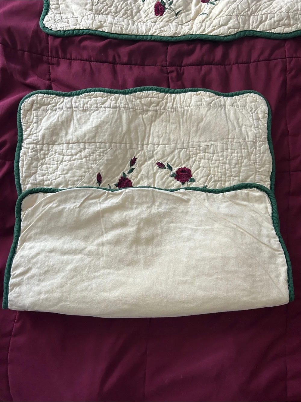 Embroidered Rose Quilted Pillow Sham Set - Cream with Burgundy & Green